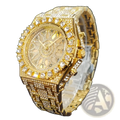 Gold-colored iced diamond men’s quartz watch with diamond-encrusted octagonal face and uniguet branding on dial