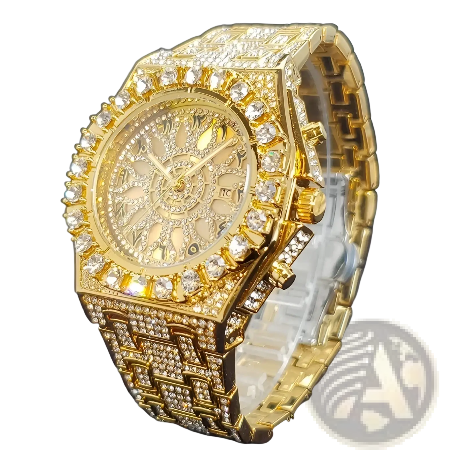 Gold-colored iced diamond men’s quartz watch with diamond-encrusted octagonal face and uniguet branding on dial