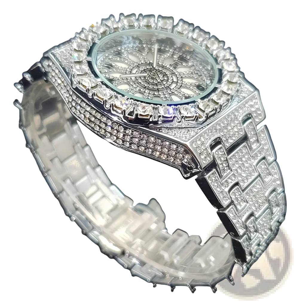 A dazzling silver-tone iced diamond men’s quartz watch with square face and intricate cubic zirconia encrusted bezel and bracelet