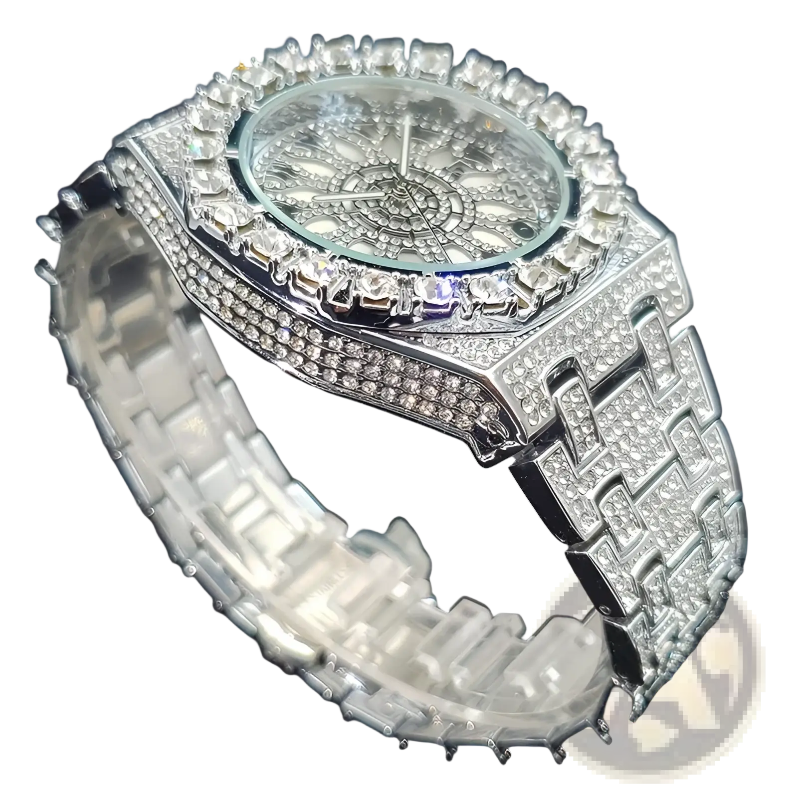 A dazzling silver-tone iced diamond men’s quartz watch with square face and intricate cubic zirconia encrusted bezel and bracelet
