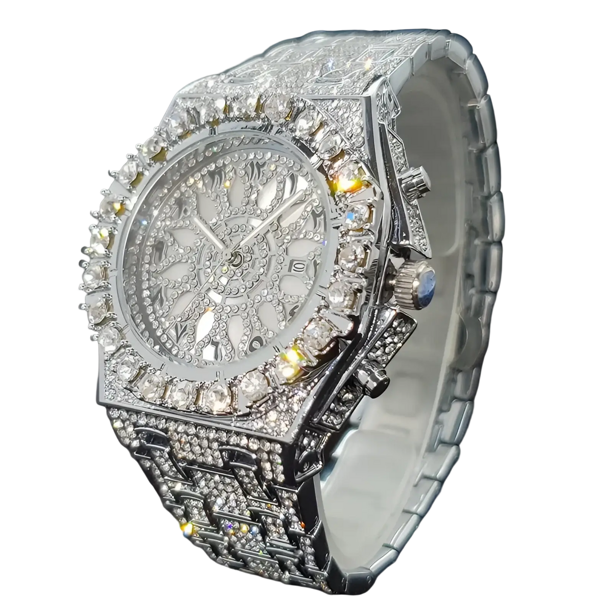 Luxury silver iced diamond men’s quartz watch with diamond-encrusted face and band featuring intricate, bold design
