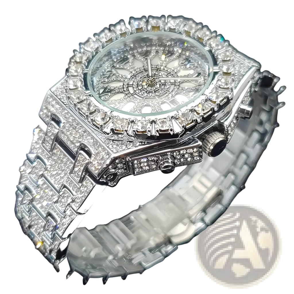 A dazzling silver luxury men’s quartz watch with a square diamond-encrusted face and diamond-embedded metal bracelet