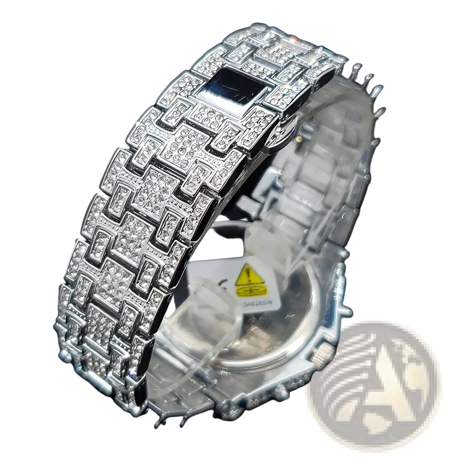 Silver-toned iced diamond men’s quartz watch with pave-set diamond bracelet and sleek black face luxury hip hop timepiece