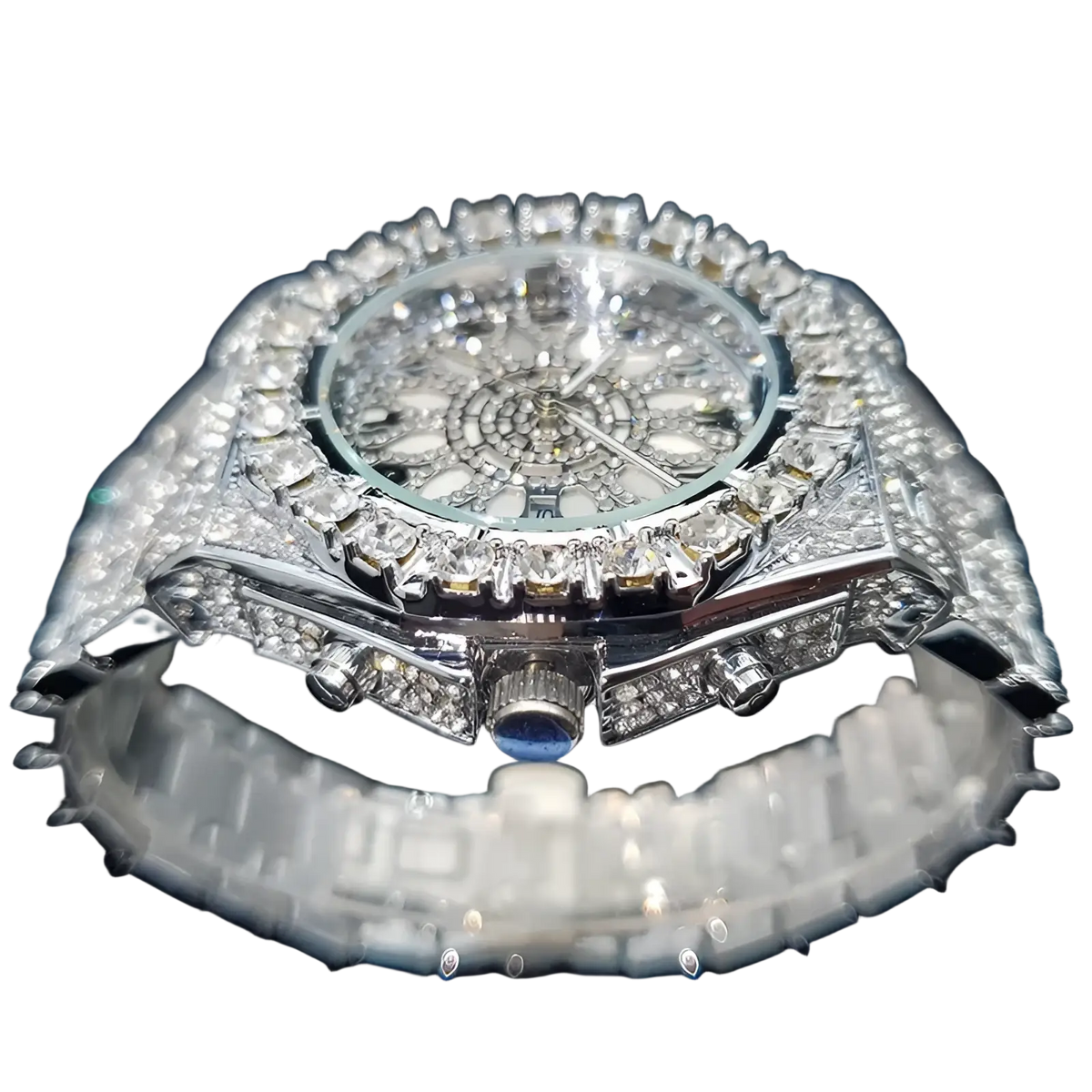 A dazzling silver-toned uniguet iced diamond men’s quartz watch with a diamond-encrusted case and bracelet