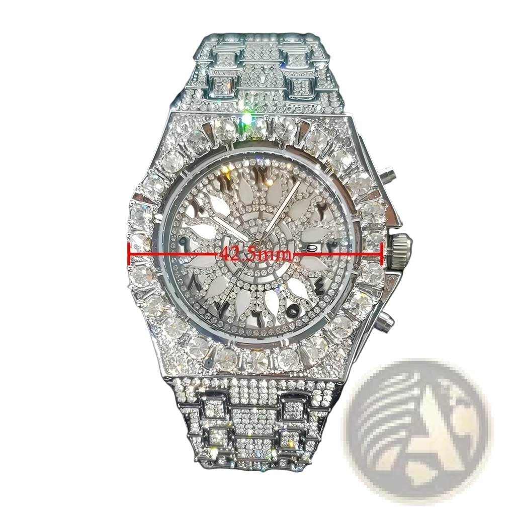 A silver-toned uniguet iced diamond men’s quartz watch with clear crystals embedded on case and bracelet