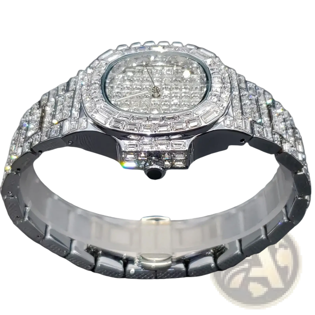 Iced out diamond quartz watch for men with silver stainless steel band and bezel featuring a diamond grid face
