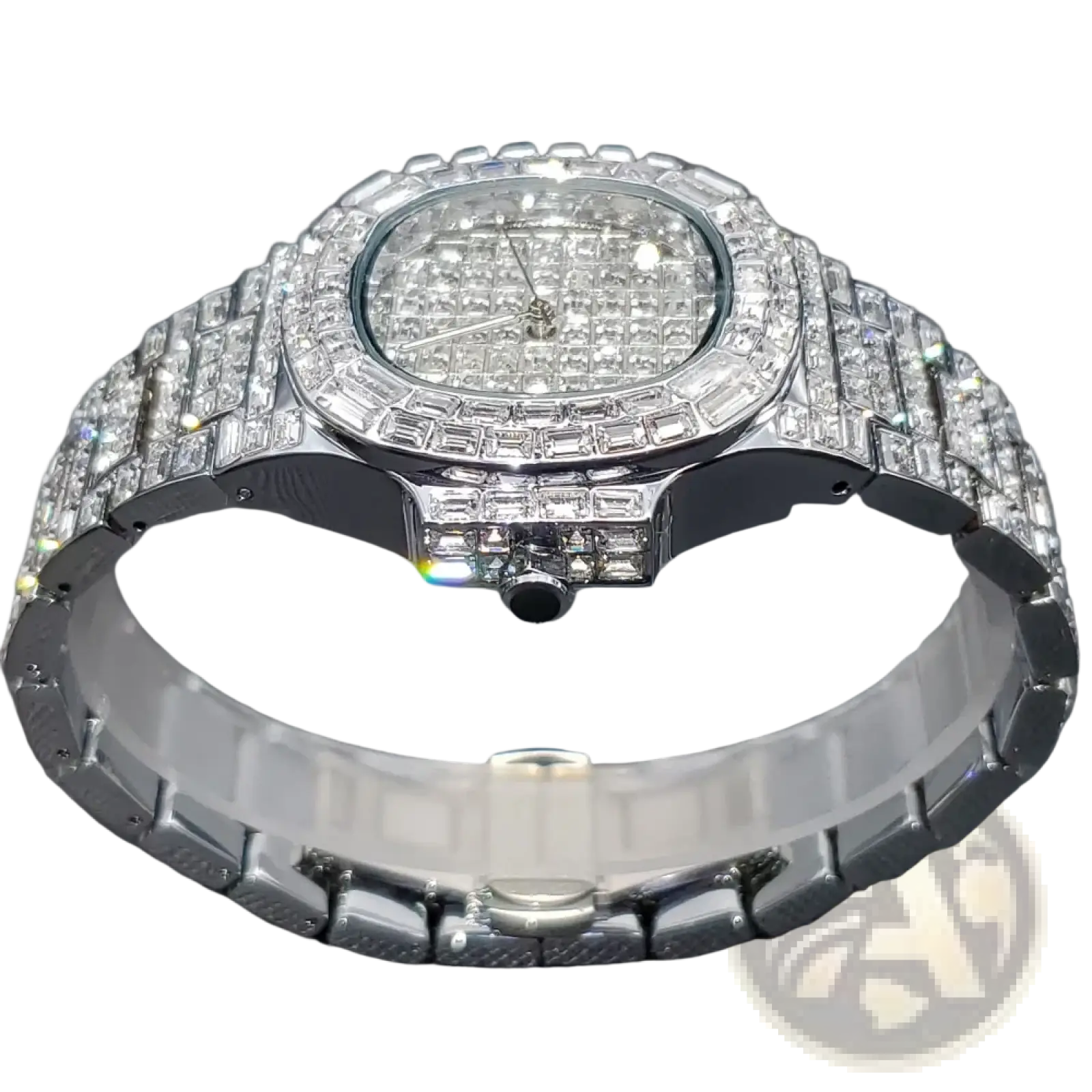 Iced out diamond quartz watch for men with silver stainless steel band and bezel featuring a diamond grid face