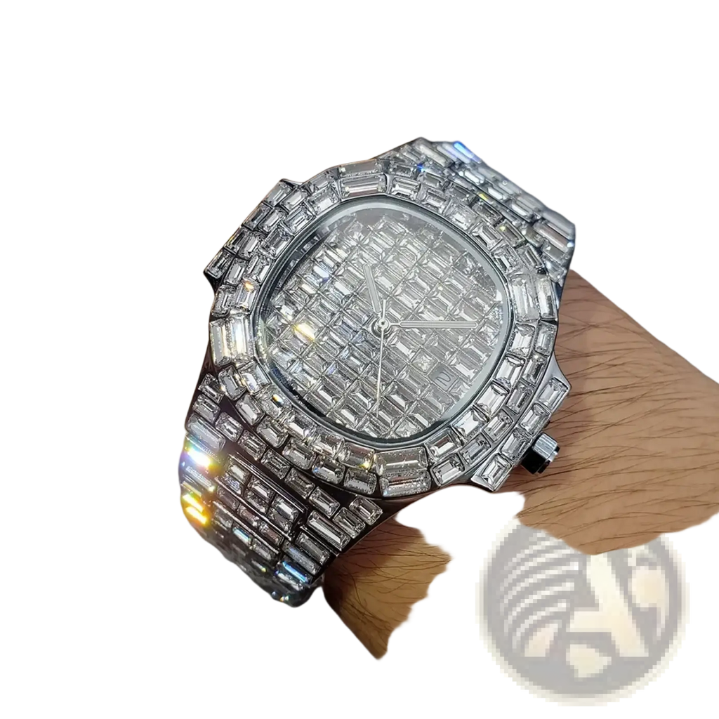 A iced out diamond quartz watch for men with a dazzling diamond encrusted silver stainless steel rectangular face and bracelet