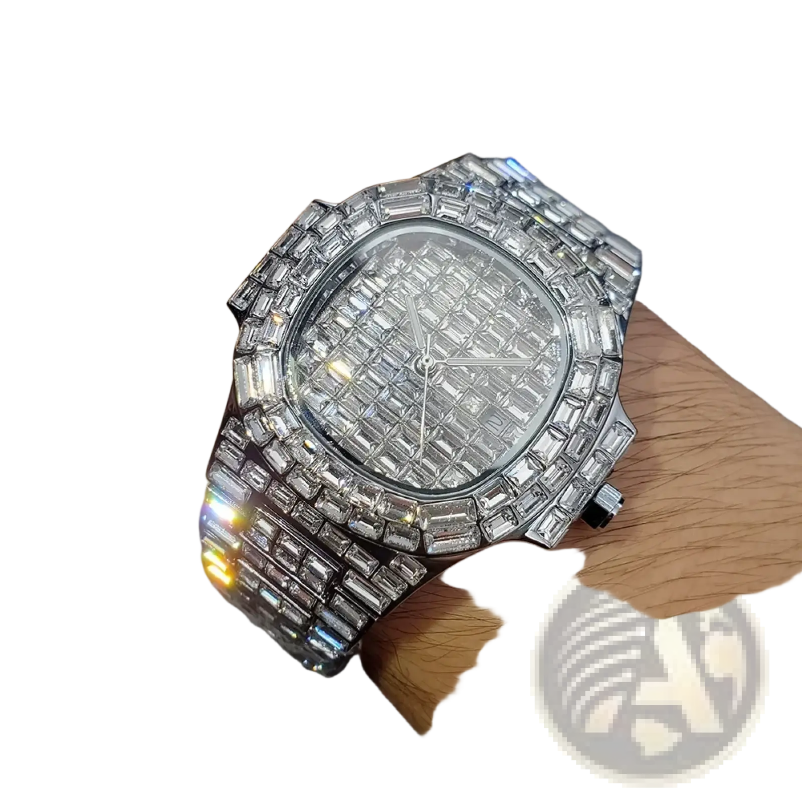 A iced out diamond quartz watch for men with a dazzling diamond encrusted silver stainless steel rectangular face and bracelet