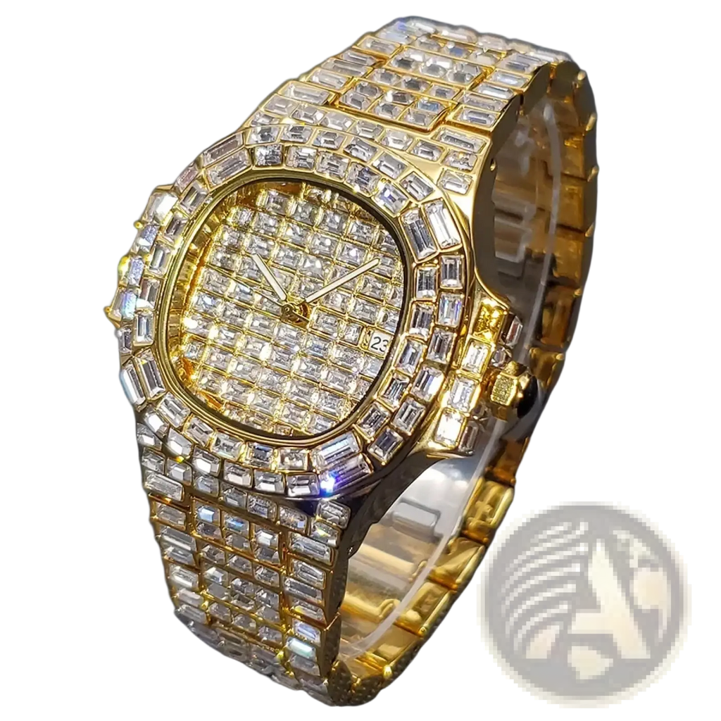 Gold-tone iced out diamond quartz watch for men with square face and band encrusted in baguette-cut diamonds