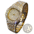 Gold-tone iced out diamond quartz watch for men with square face and band encrusted in baguette-cut diamonds
