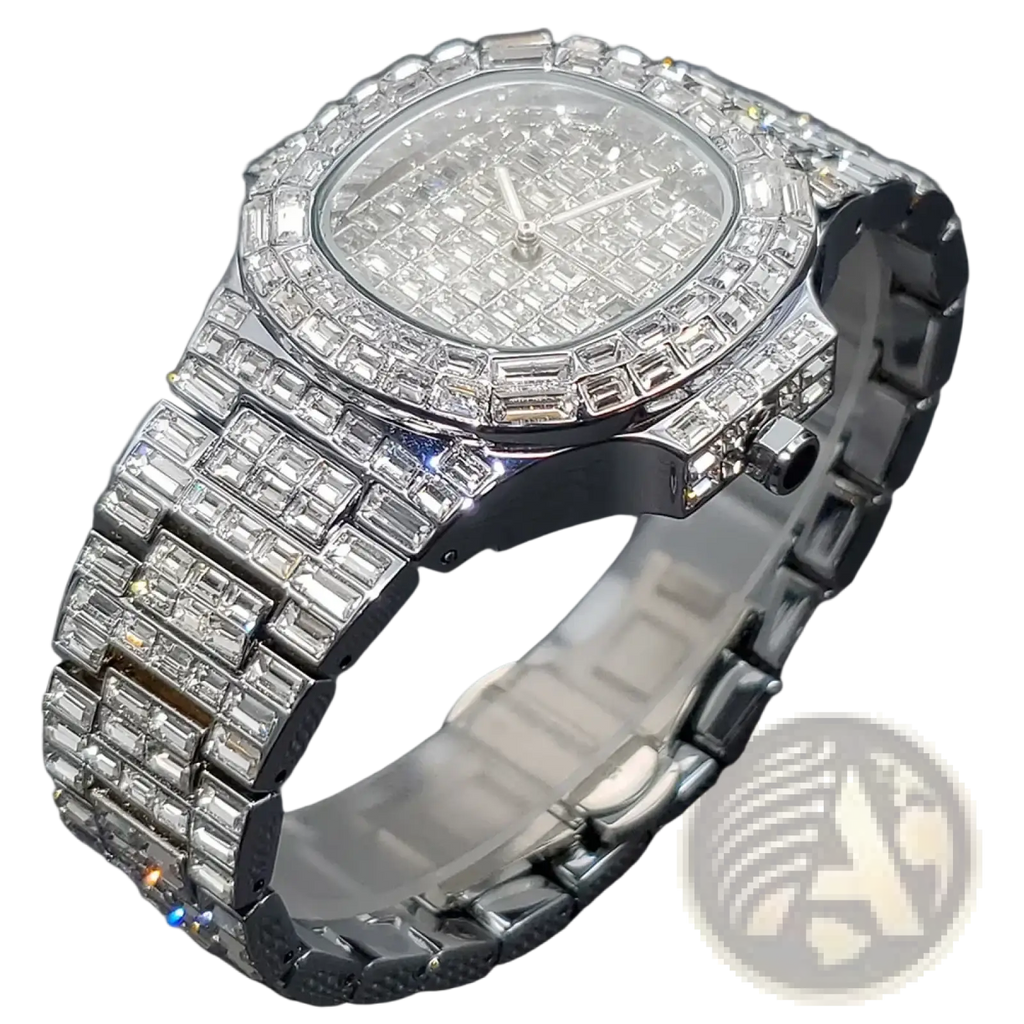A luxurious silver stainless steel iced out diamond quartz watch for men with a square face and diamond-encrusted design