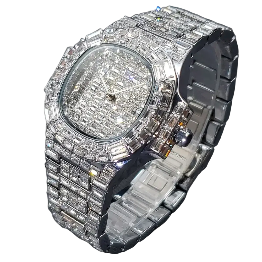 A dazzling iced out diamond quartz watch for men in silver stainless steel with a rectangular baguette-cut diamond face and band