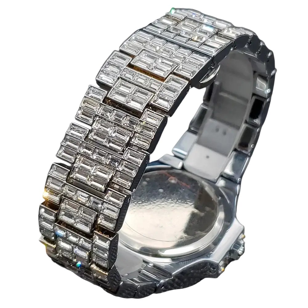 Silver stainless steel iced out diamond quartz watch for men with a silver-toned band featuring baguette-cut crystals