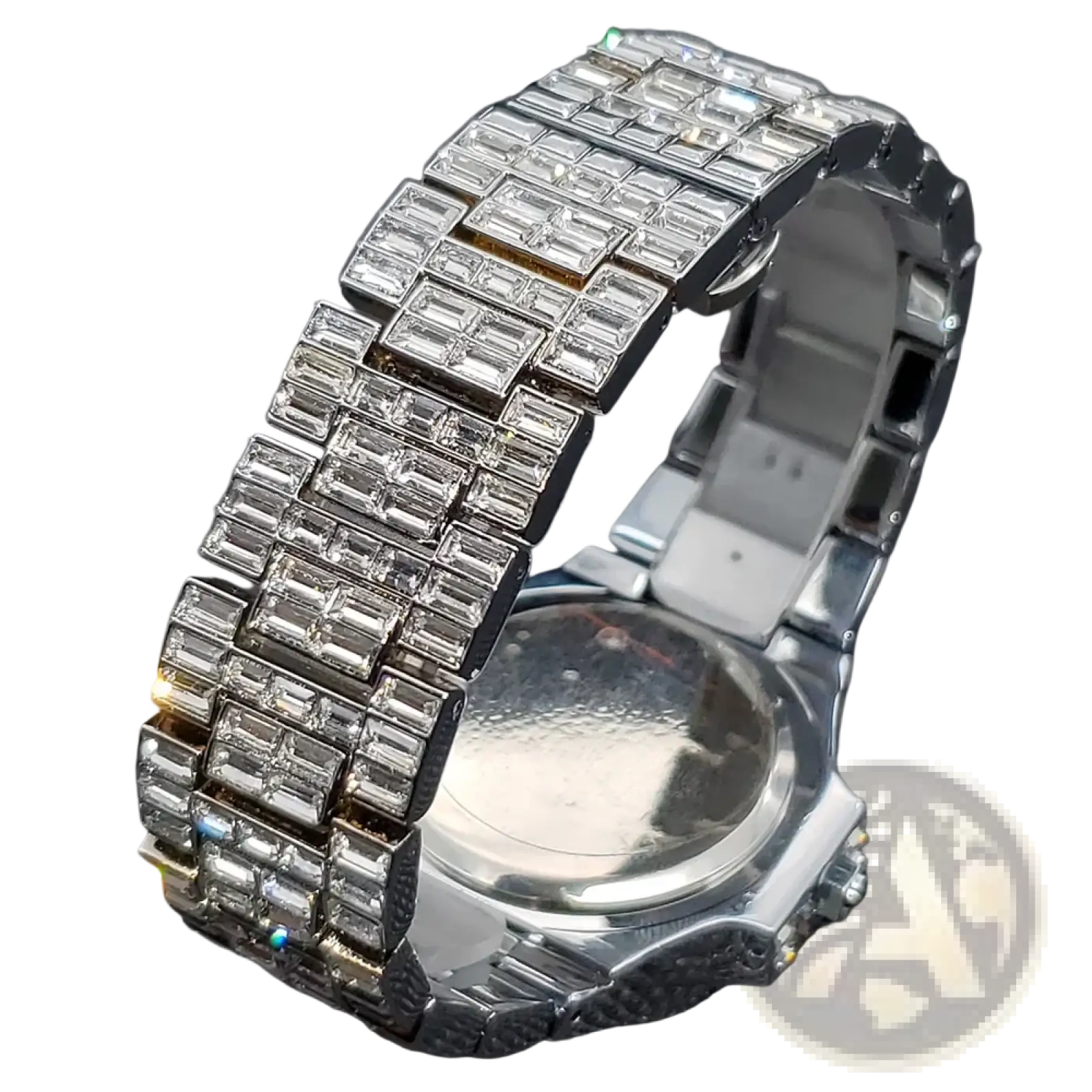 Silver stainless steel iced out diamond quartz watch for men with a silver-toned band featuring baguette-cut crystals