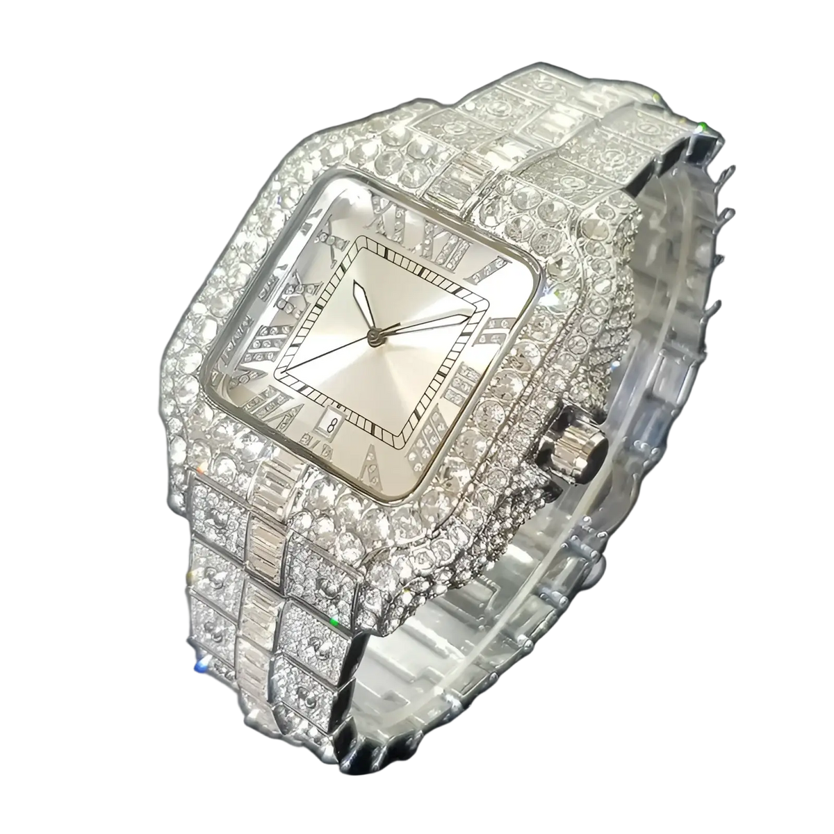 A silver iced out diamond square watch for men with a sparkling diamond-encrusted bracelet and roman numerals