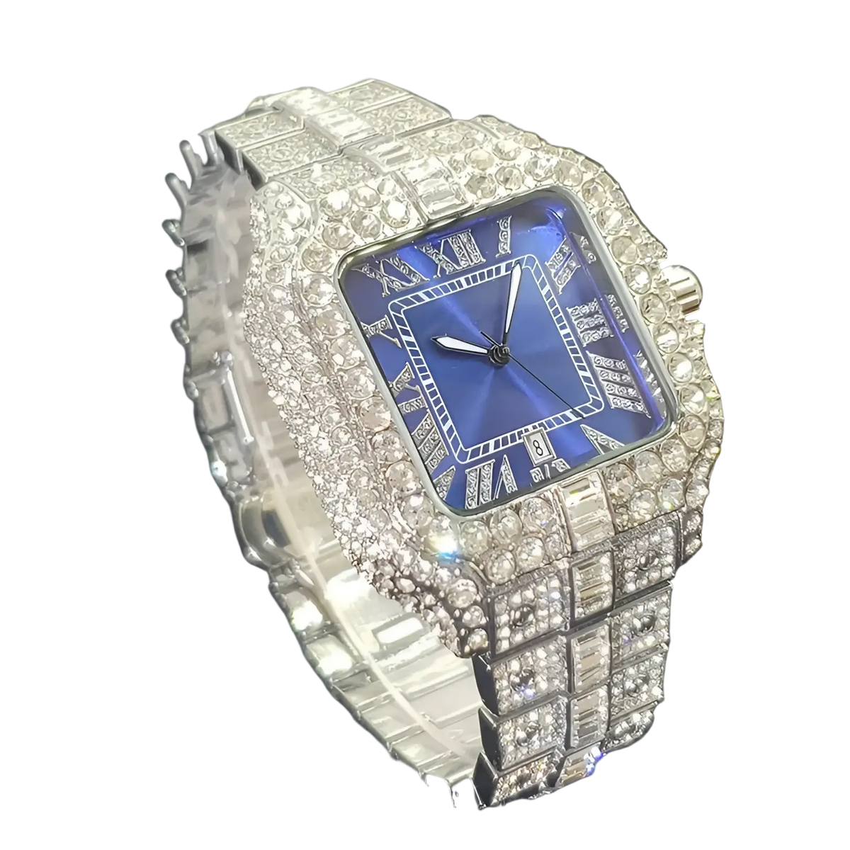 A dazzling iced out diamond square watch for men with a deep blue dial and diamond-encrusted silver metal band