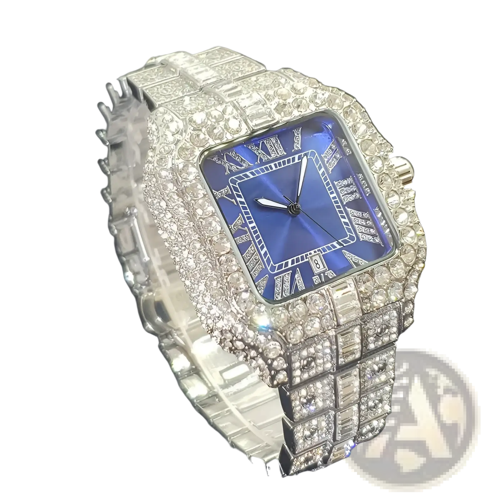A dazzling iced out diamond square watch for men with a deep blue dial and diamond-encrusted silver metal band