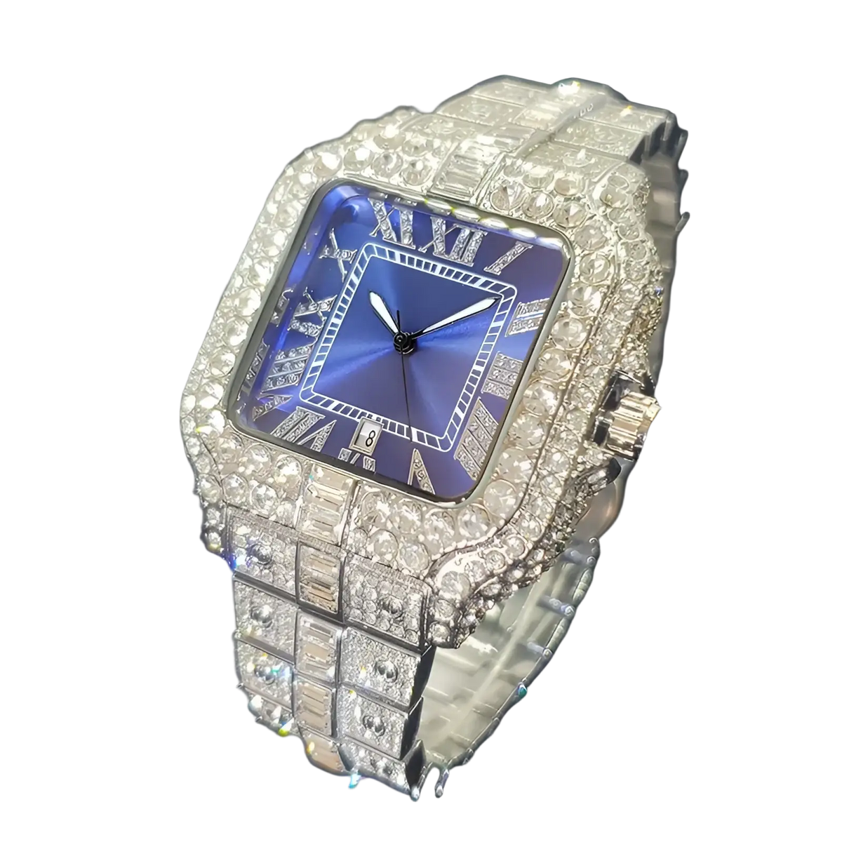 A dazzlng iced out diamond square watch for men in silver with a deep blue dial and pavé diamond setting