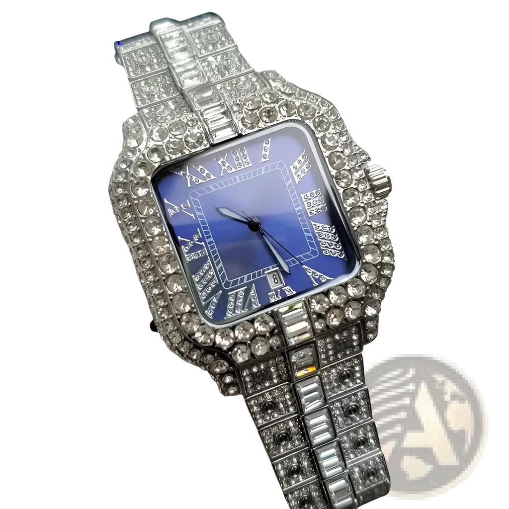 Iced out diamond square watch for men silver blue with a diamond-encrusted stainless steel case and blue gradient dial