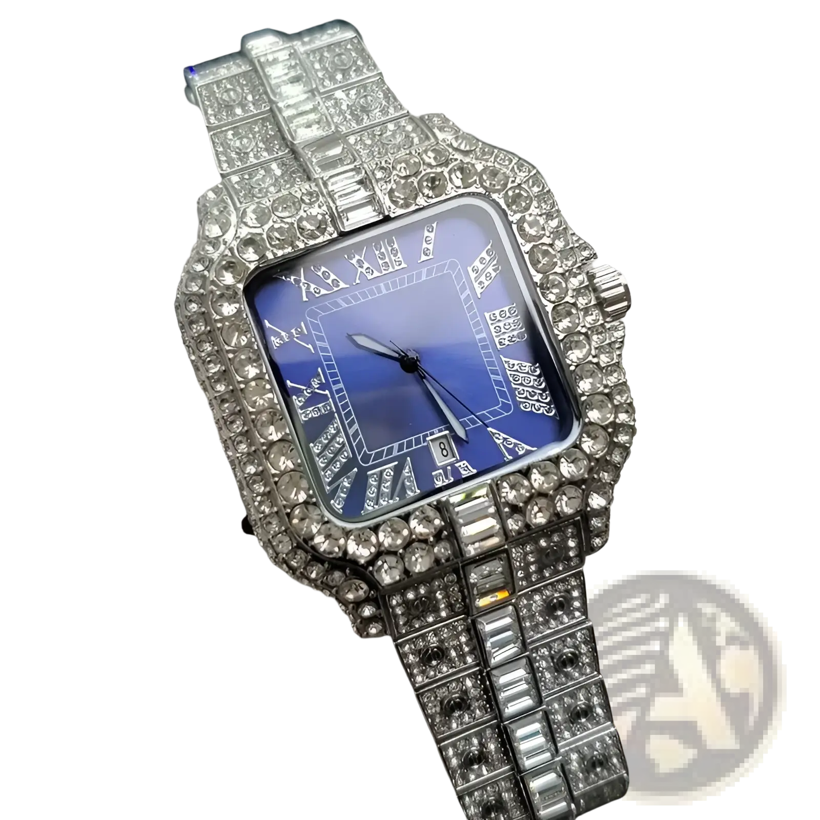 Iced out diamond square watch for men silver blue with a diamond-encrusted stainless steel case and blue gradient dial