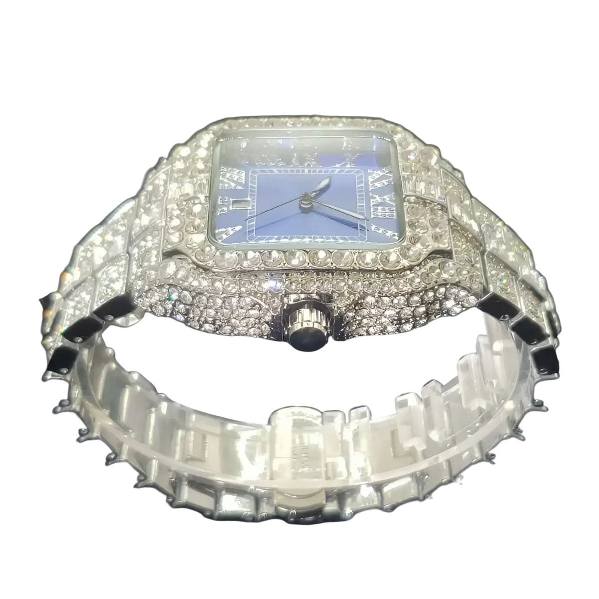 A luxurious iced out diamond square watch for men in silver with a blue dial and sparkling diamond encrusted case