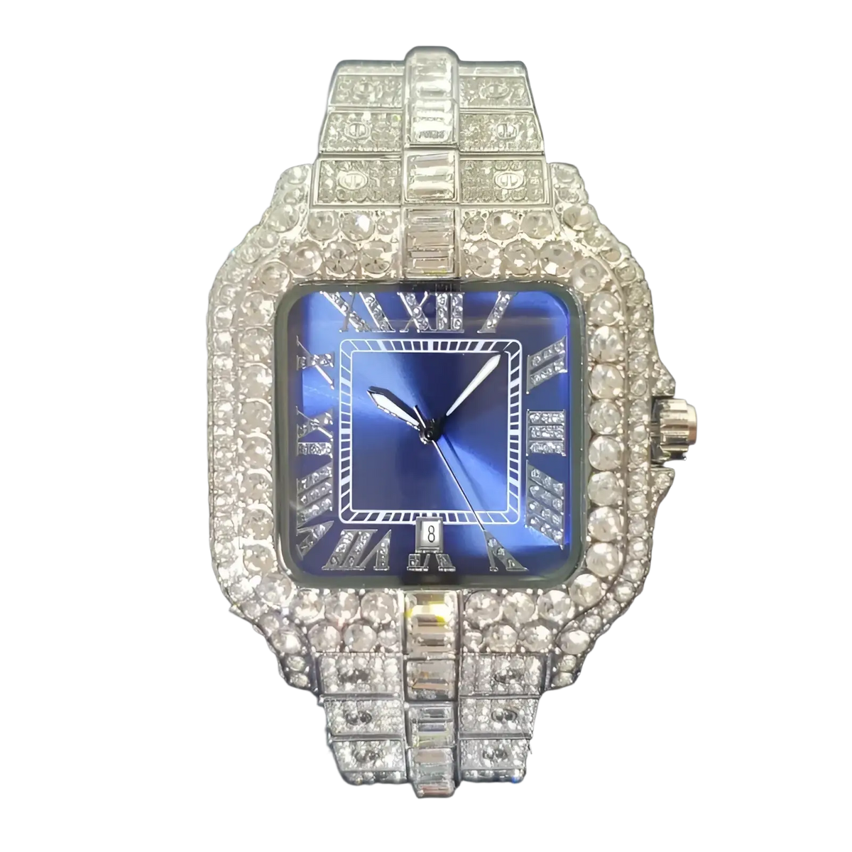 Iced out diamond square watch for men with a deep blue dial and diamond-encrusted silver-toned case and bracelet
