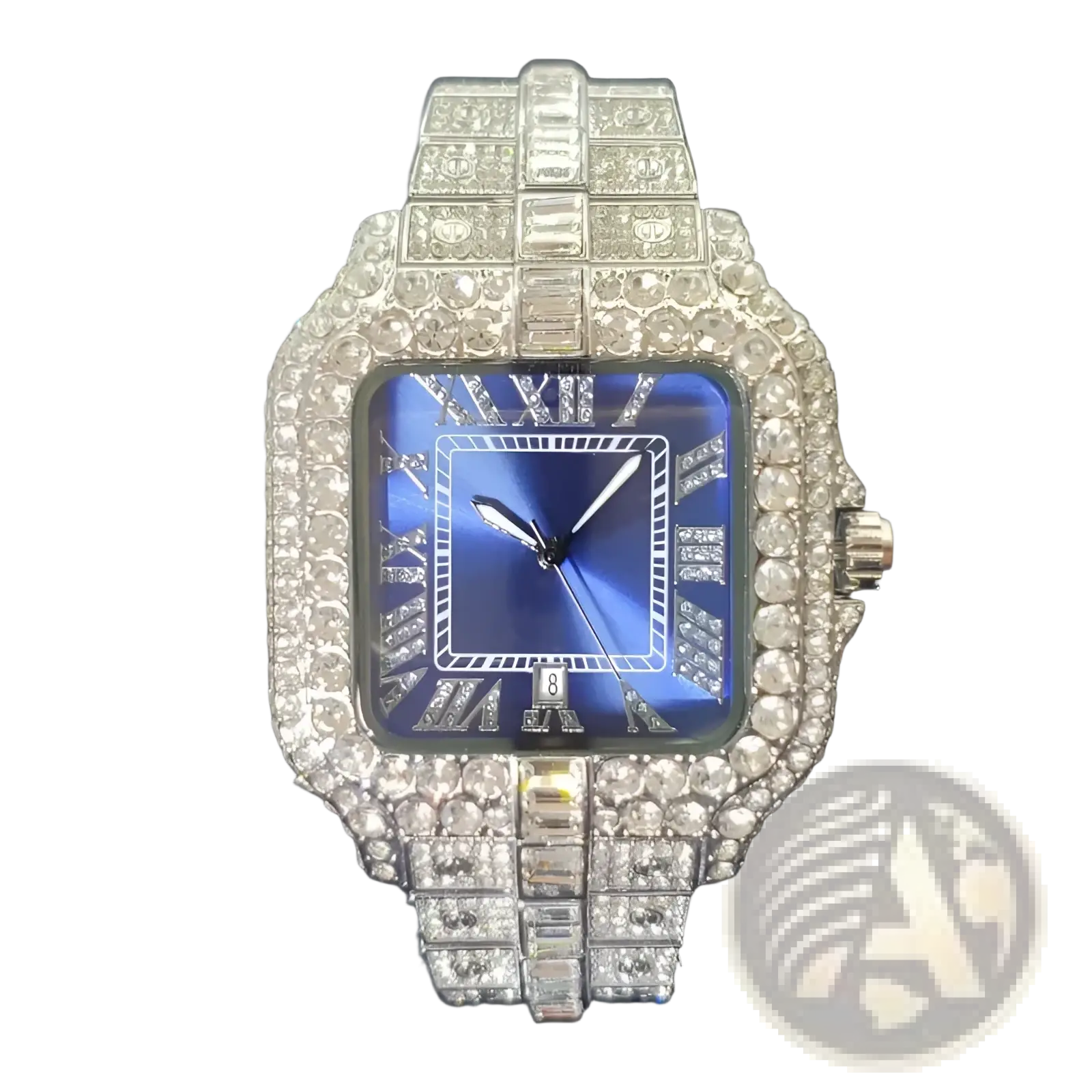 Iced out diamond square watch for men with a deep blue dial and diamond-encrusted silver-toned case and bracelet