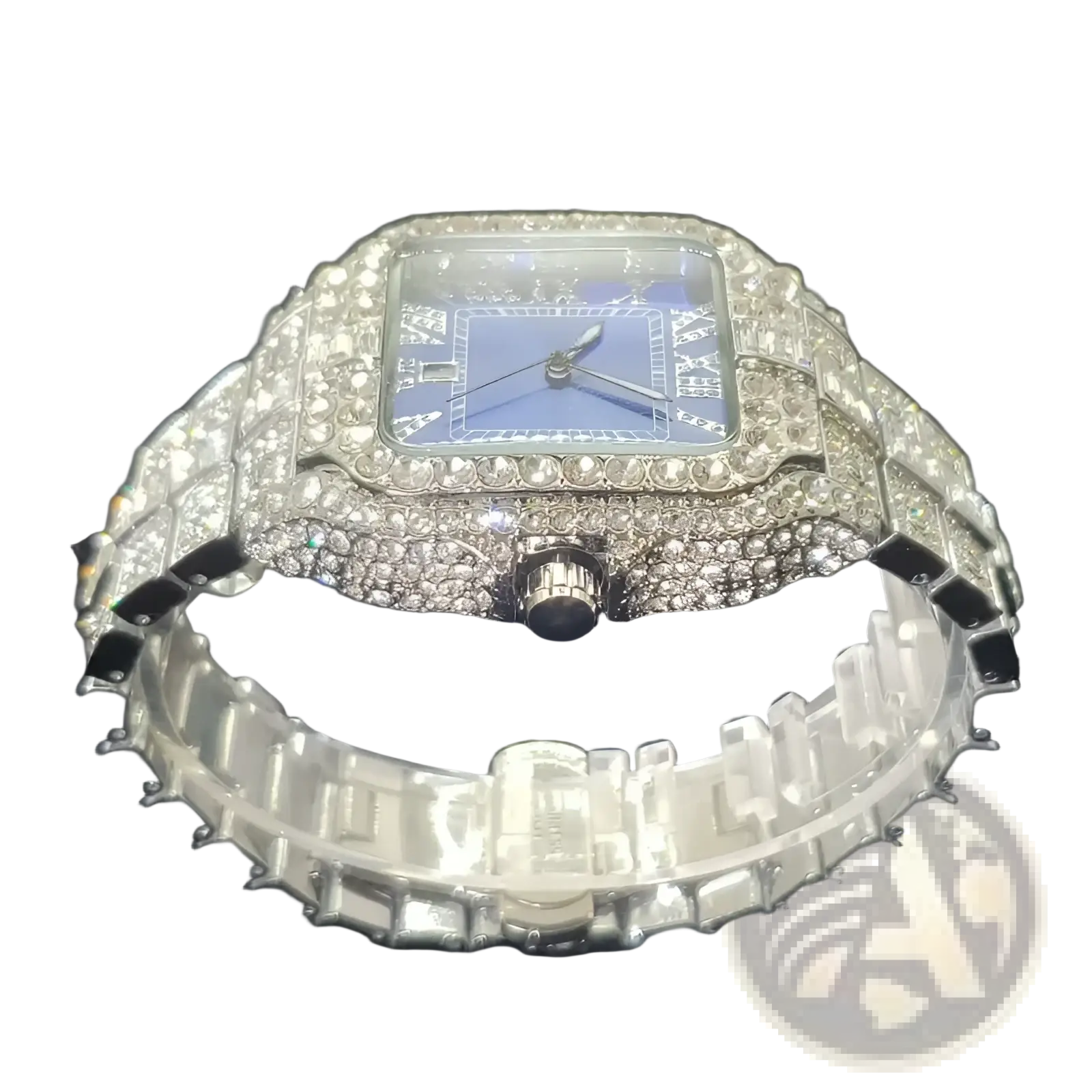 A luxurious iced out diamond square watch for men in silver with a blue dial and sparkling diamond encrusted case