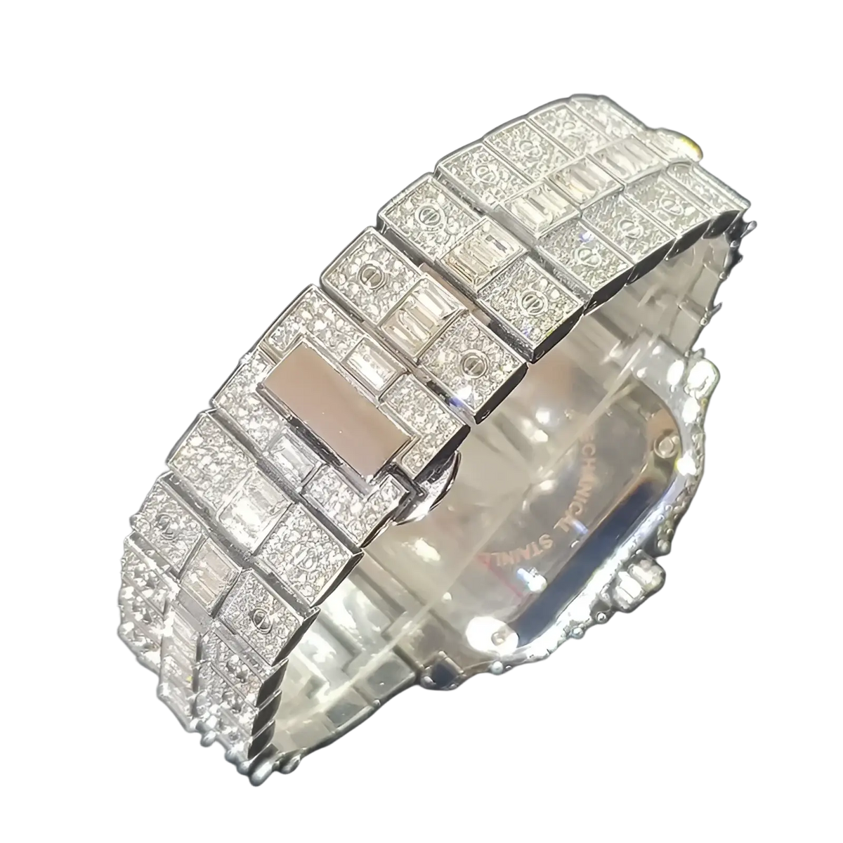 A luxurious silver diamond square watch for men with a crystal iced out baguette-cut chanel logo band