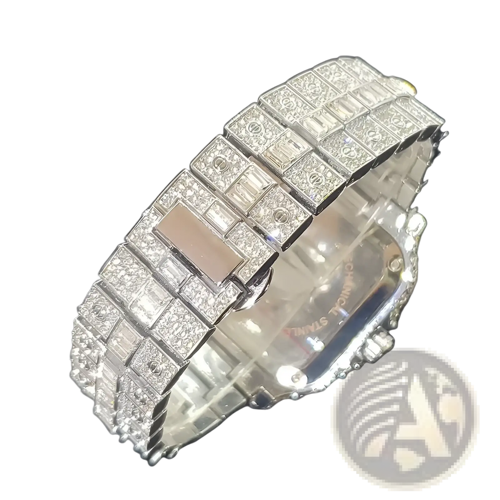 A luxurious silver diamond square watch for men with a crystal iced out baguette-cut chanel logo band
