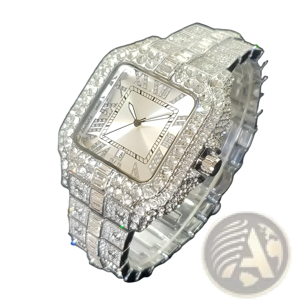 A silver iced out diamond square watch for men with a sparkling diamond-encrusted bracelet and roman numerals