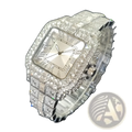 A silver iced out diamond square watch for men with a sparkling diamond-encrusted bracelet and roman numerals