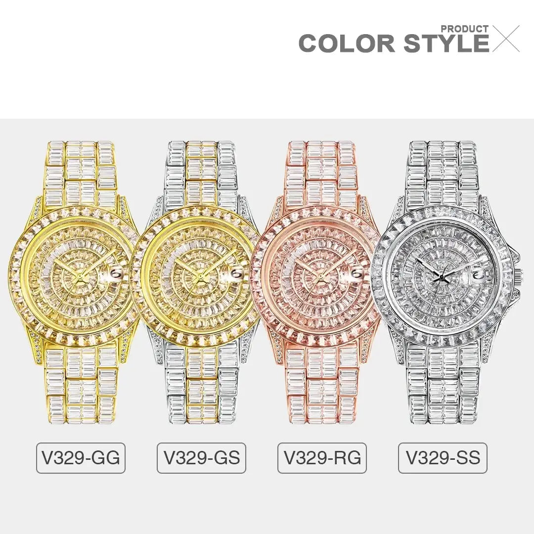 Iced out men luxury diamond watch collection in gold silver rose gold and stainless steel finishes with diamond accents