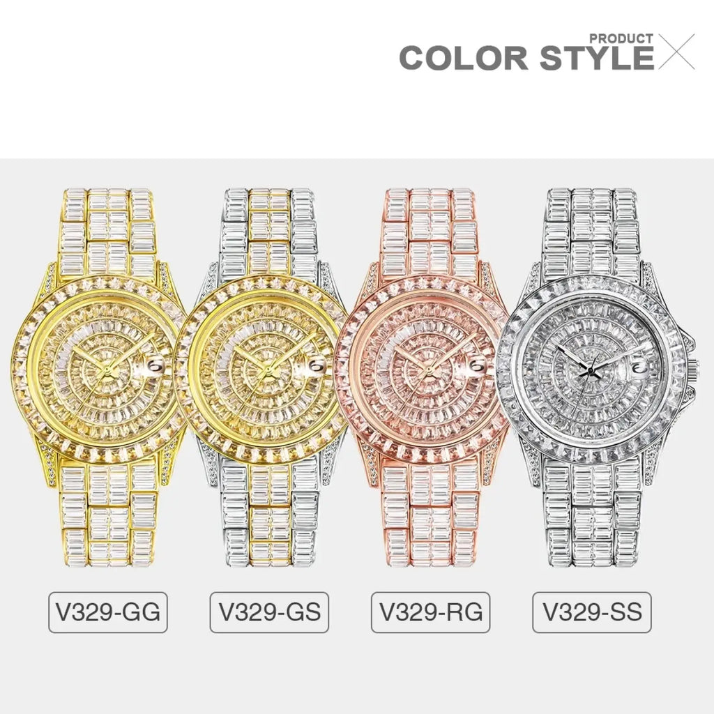Iced out men luxury diamond watch collection in gold silver rose gold and stainless steel finishes with diamond accents