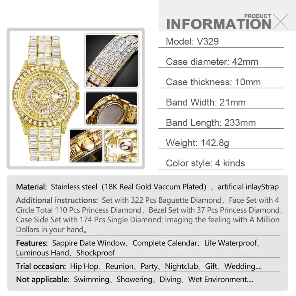 Gold-tone iced out men luxury diamond watch with baguette and princess-cut diamonds on silver steel case and artificial strap