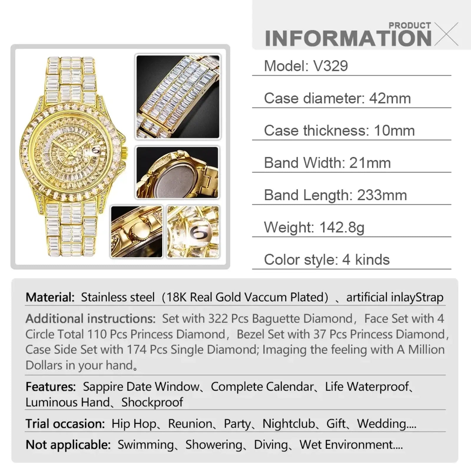 Gold-tone iced out men luxury diamond watch with baguette and princess-cut diamonds on silver steel case and artificial strap