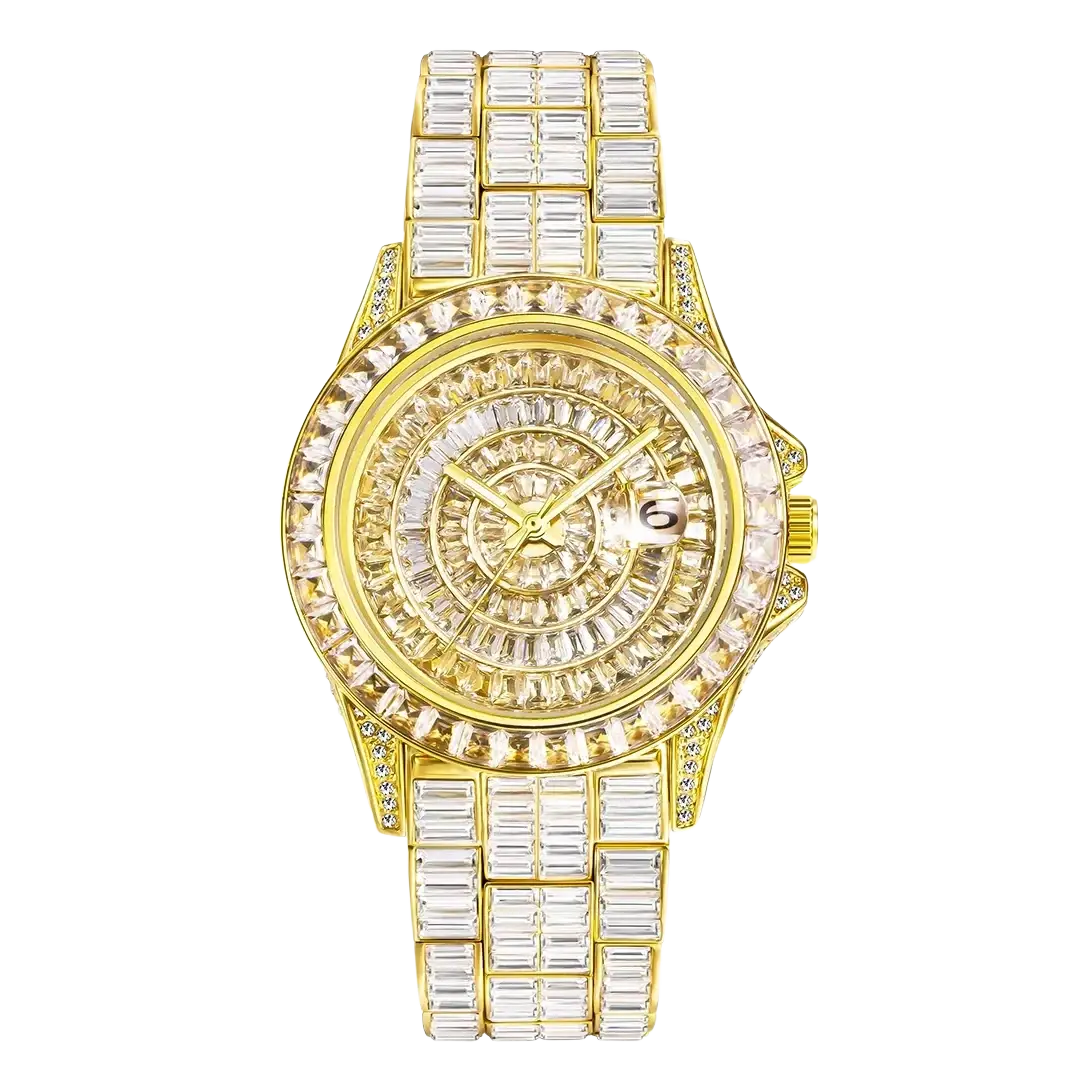 Gold-tone iced out men luxury diamond watch with clear baguette-cut crystals on bezel and silver steel bracelet
