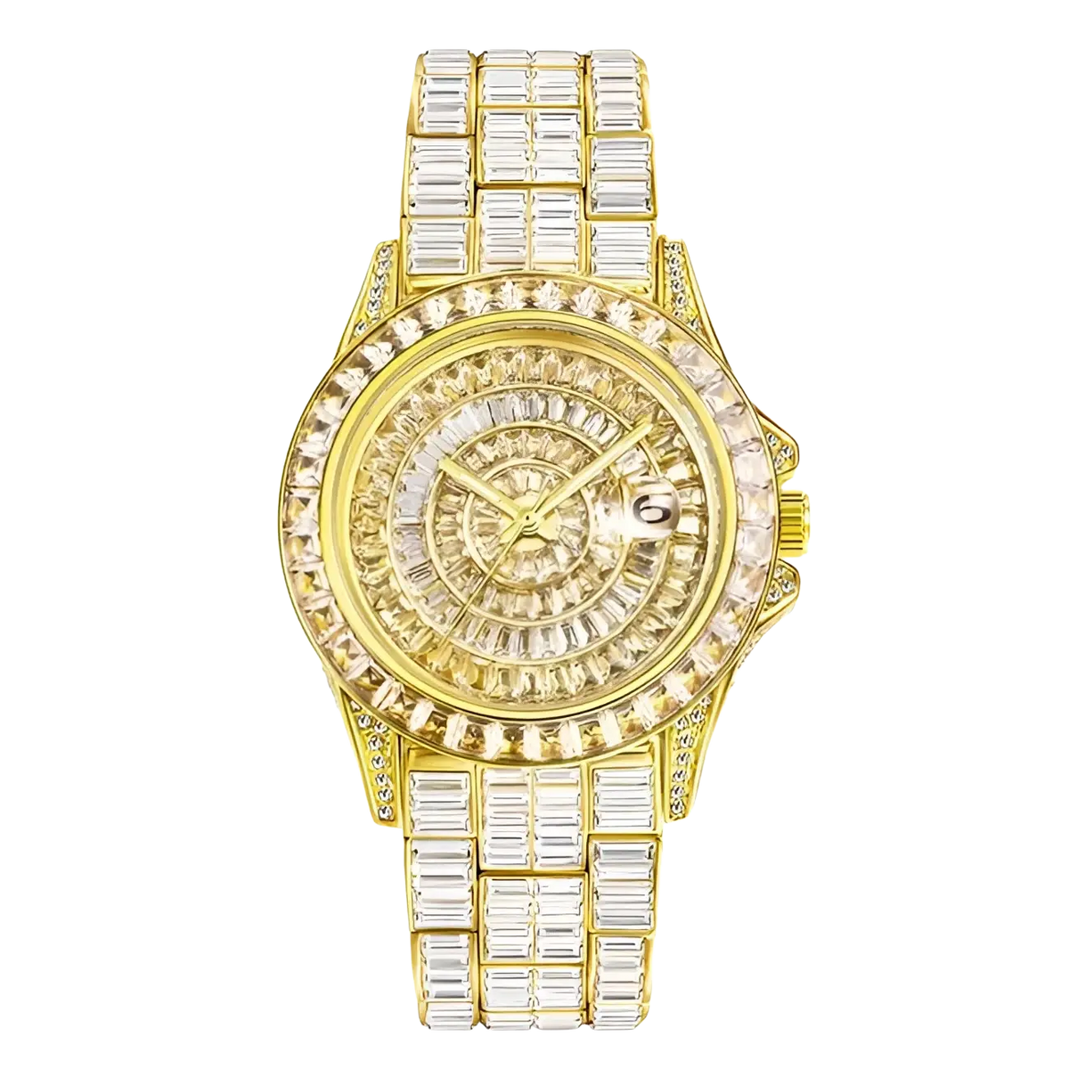 Gold-tone iced out men luxury diamond watch with baguette-cut crystal bezel and bracelet in silver steel material