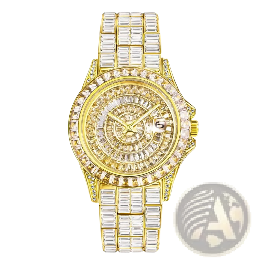 Gold-tone iced out men luxury diamond watch with clear baguette-cut crystals on bezel and silver steel bracelet