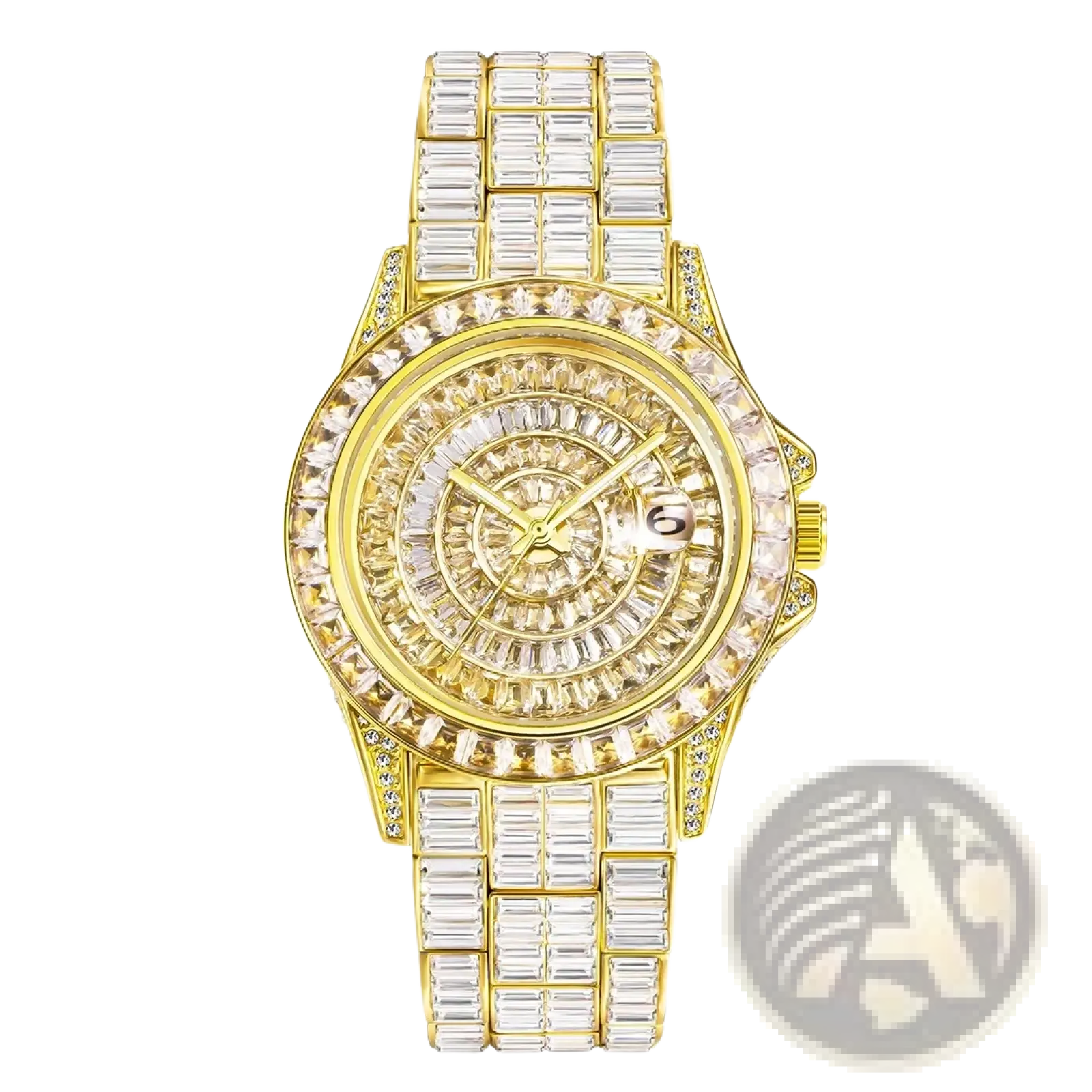 Gold-tone iced out men luxury diamond watch with clear baguette-cut crystals on bezel and silver steel bracelet
