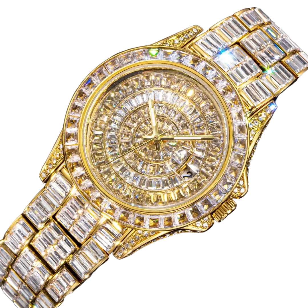 Gold-tone iced out men luxury diamond watch with silver steel bezel and bracelet featuring baguette-cut crystals