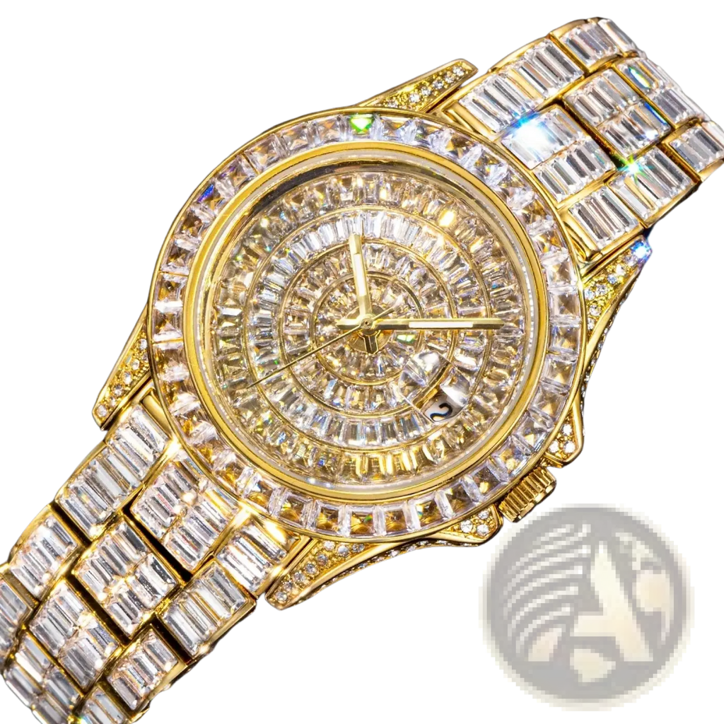 Gold-tone iced out men luxury diamond watch with silver steel bezel and bracelet featuring baguette-cut crystals