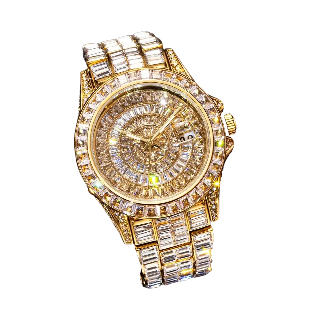 Gold-tone iced out men luxury diamond watch with fully bezel-set diamond face and matching silver steel bracelet