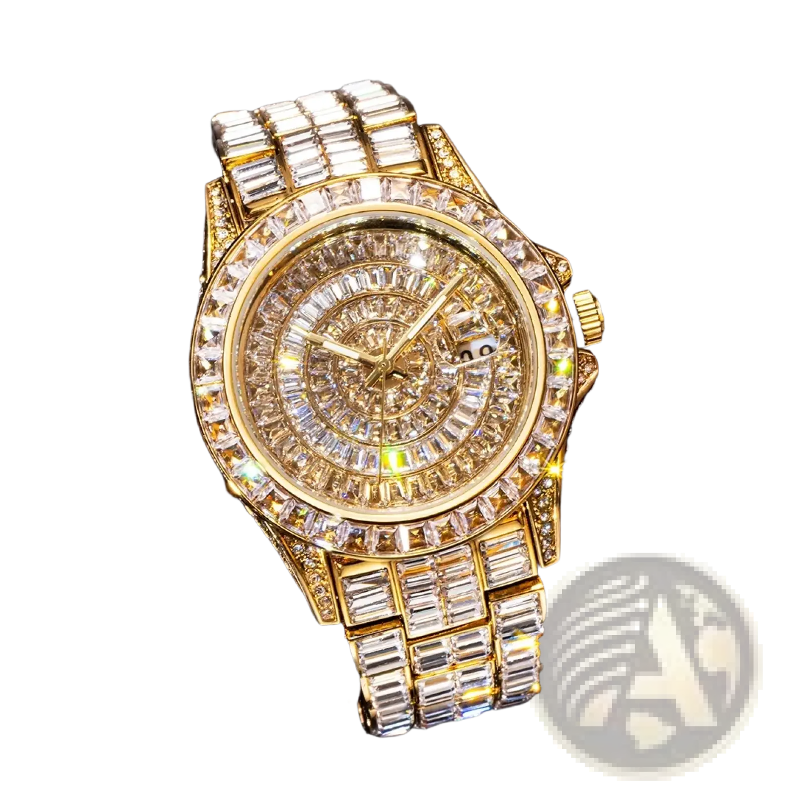 Gold-tone iced out men luxury diamond watch with fully bezel-set diamond face and matching silver steel bracelet