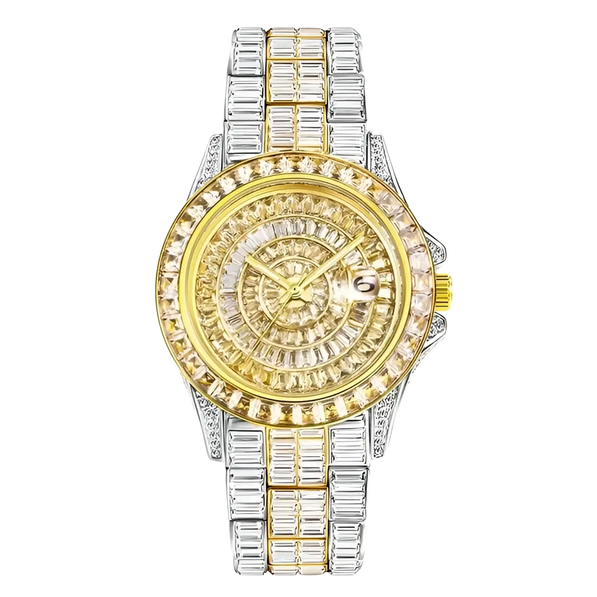 A luxurious iced out men luxury diamond watch in two-tone gold and silver steel with a dazzling baguette crystal bezel