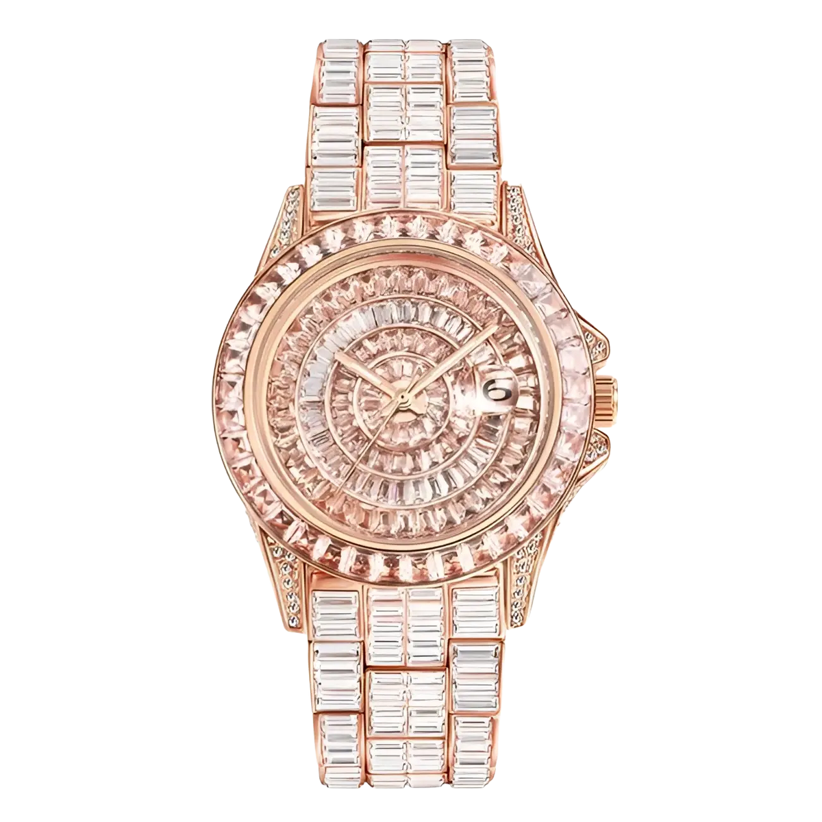 Rose gold iced out men luxury diamond watch with clear baguette-cut crystals on bezel and silver steel bracelet