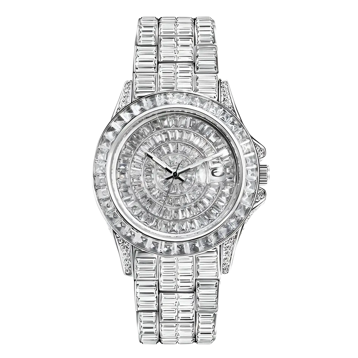 A silver steel iced out men luxury diamond watch with baguette-cut diamonds and an intricate circular dial pattern
