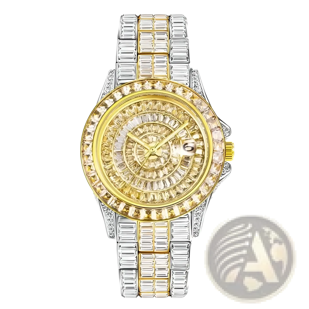 A luxurious iced out men luxury diamond watch in two-tone gold and silver steel with a dazzling baguette crystal bezel