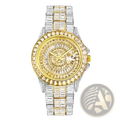 A luxurious iced out men luxury diamond watch in two-tone gold and silver steel with a dazzling baguette crystal bezel